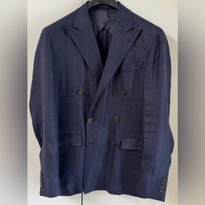 POLO RALPH LAUREN Linen Sport Coat 42 Navy Blue Double Breast Blazer Peak Lapel